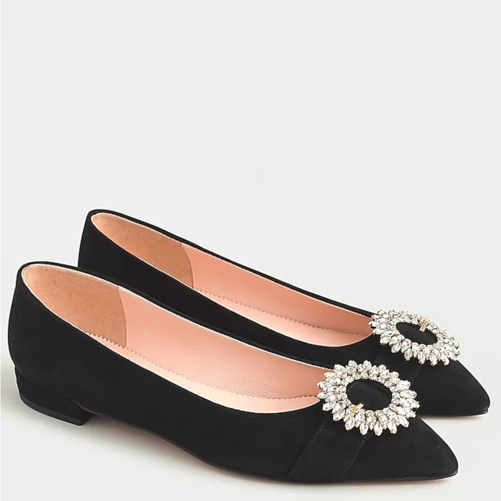 J. Crew Pointed-toe Flats in Suede with Crystal Buckle Detail